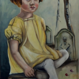 Mädchen auf Grabstein sitzend, Ölmalerei, Galerie Z, Stuttgart